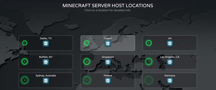 Screenshot of some BisectHosting server locations