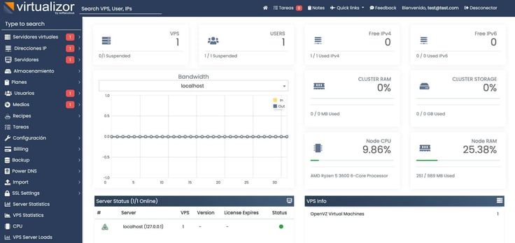 Screenshot of the Virtualizor control panel