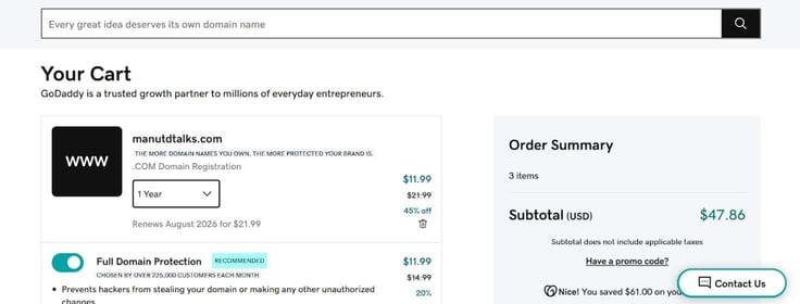 GoDaddy domain cart