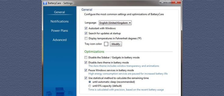 The settings panel
