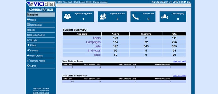 VICIdial administration screen VICIdial administration screen