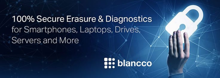 Graphic of hand holding lock with words 100% Secure Erasure & Diagnostics for Smartphones, Laptops, Drives, Servers, and More