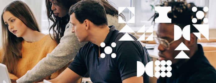 Image of employees with PMI logo elements scattered about Image of employees with PMI logo elements scattered about