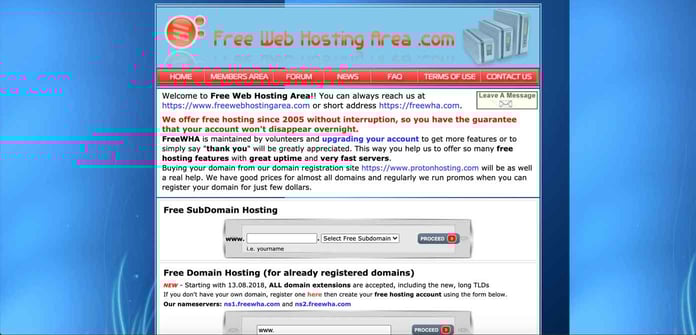 Screenshot of FreeWebHostingArea website