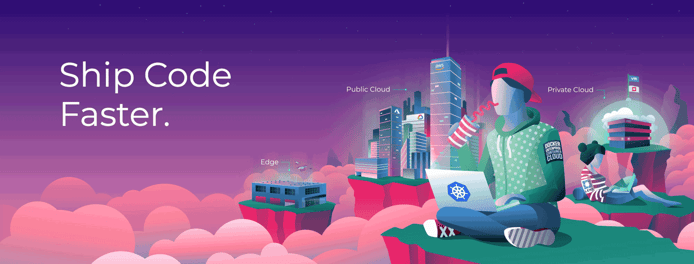 Graphic of a city and computer user with the text "Ship Code Faster."