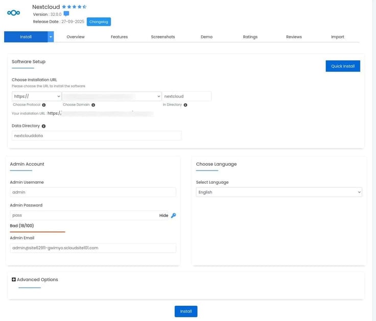 Nextcloud software setup page
