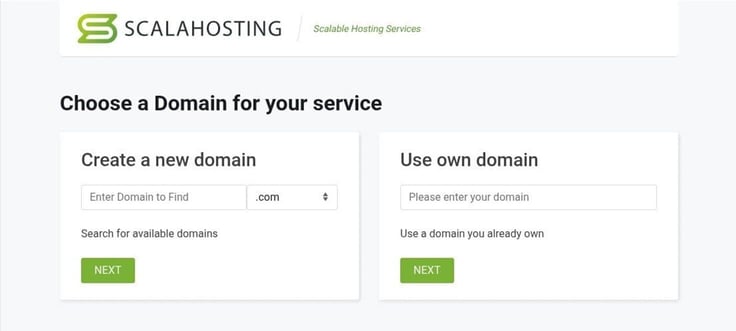 ScalaHosting choose your domain page