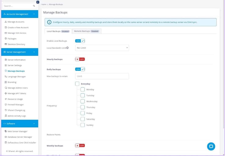 SPanel manage backups page