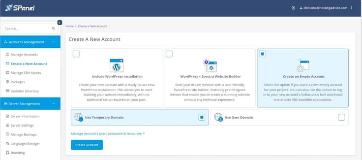 SPanel create a new account page