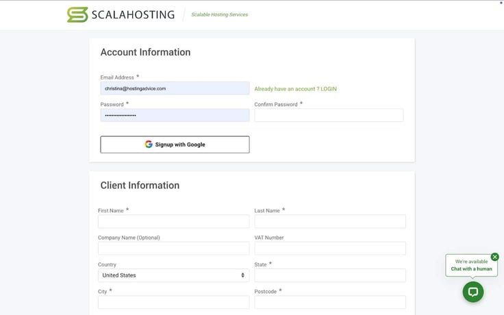 ScalaHosting account information page