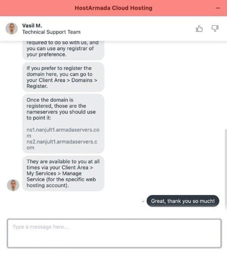 Screenshot of customer support chat window Screenshot of customer support chat window