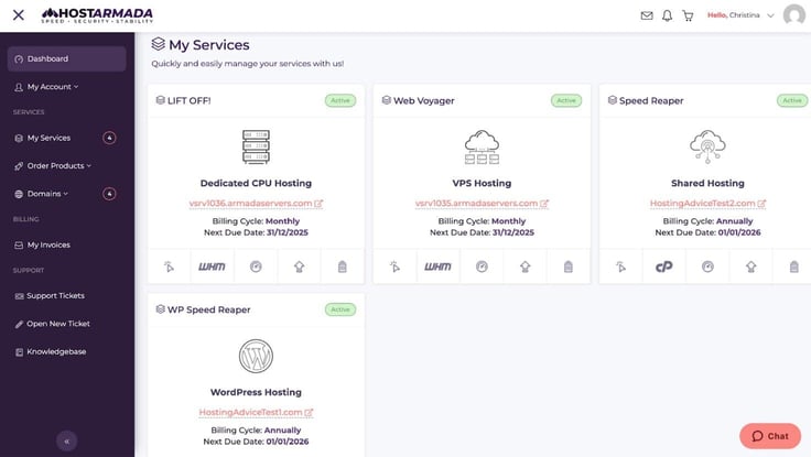 HostArmada services dashboard HostArmada services dashboard