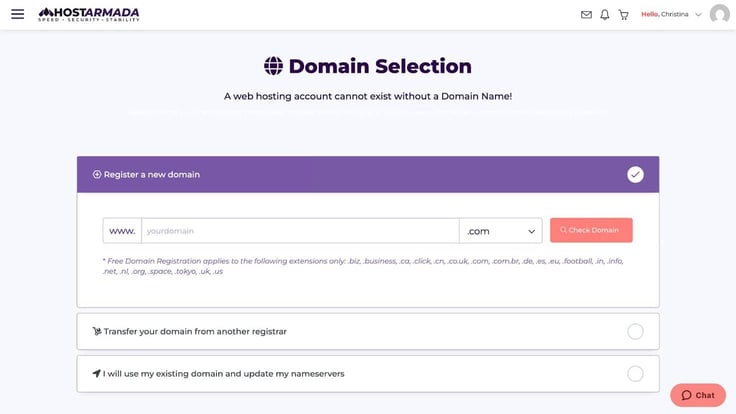 HostArmada domain registration page HostArmada domain registration page