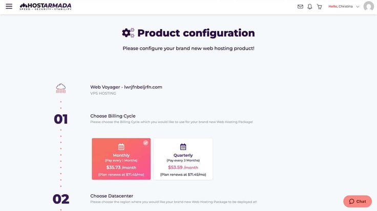 HostArmada's product configuration page HostArmada's product configuration page