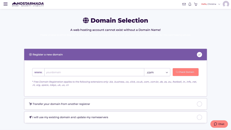 HostArmada's domain selection page HostArmada's domain selection page