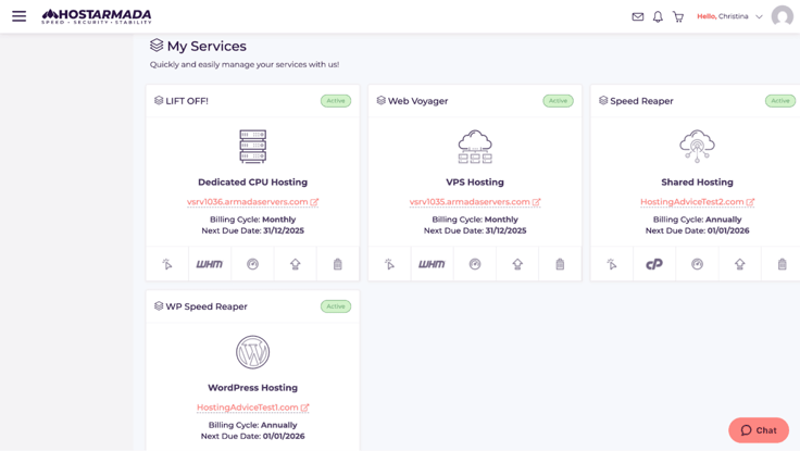 HostArmada's services tab in dashboard HostArmada's services tab in dashboard