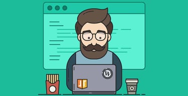 Illustration of man on a laptop with WordPress logo