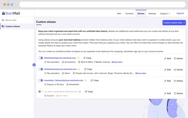 StartMail Custom Email Alias Interface StartMail Custom Email Alias Interface