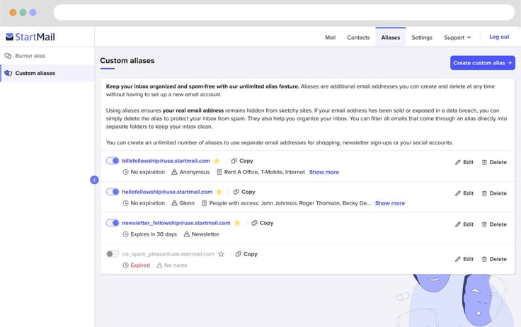 StartMail Custom Email Alias Interface StartMail Custom Email Alias Interface