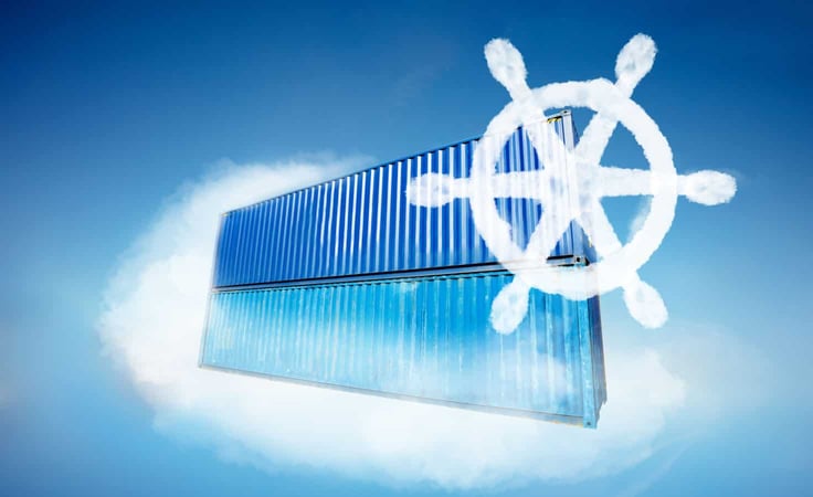 Illustration of a ship captain's wheel with a background of shipping containers