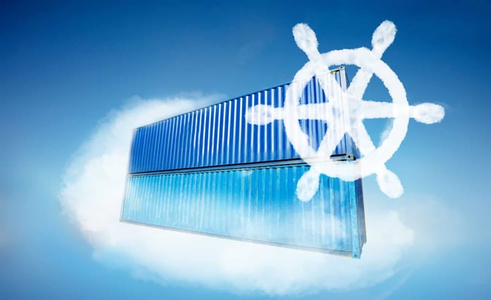 Illustration of a ship captain's wheel with a background of shipping containers Illustration of a ship captain's wheel with a background of shipping containers