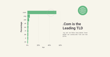 A graph showing the most popular TLDs, with .com coming in first place.