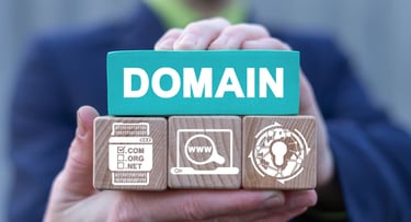 Person holding blocks with the word "domain"