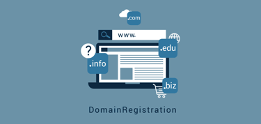 Domain registration illustration on a blue background
