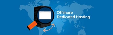 An illustration showing an image of a computer with the text "offshore dedicated hosting" and a double-sided arrow pointing between South America and Africa.