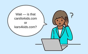 A vector image of a woman at a computer, looking confused, and asking, "Wait -- is that carsforkids.com or kars4kids.com?"