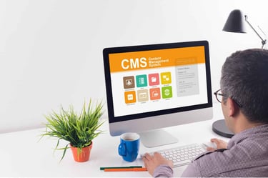 A man on a computer. The screen reads 'CMS: Content Management System.'