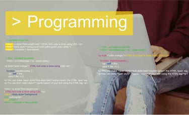 A photo of a person on a laptop with text overlayed that displays various aspects of the Python programming language.