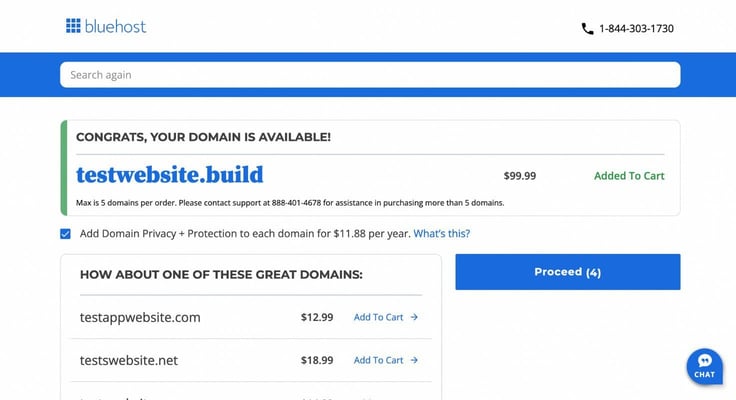 Screenshot of Bluehost .build domain cost
