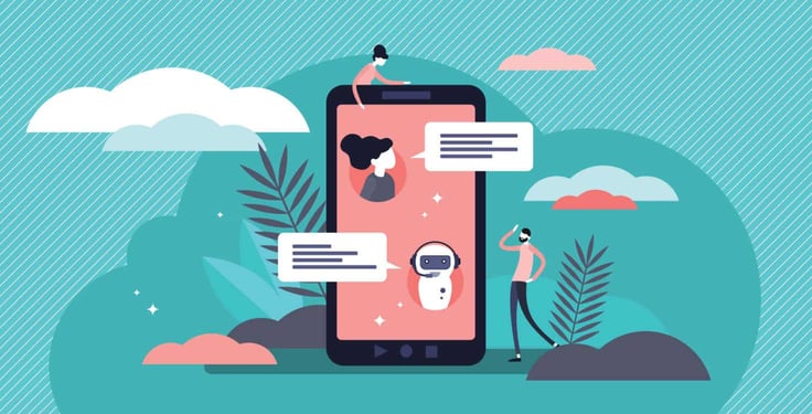 A vector illustration of a user speaking with a chatbot on their smartphone