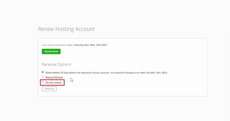 A screenshot of Bluehost's Renewal page with the Do Not Renew button highlighted. A screenshot of Bluehost's Renewal page with the Do Not Renew button highlighted.