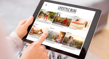 Woman looking at a blog website template