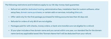 Screenshot of HostGator money back guarantee terms