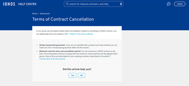 IONOS refund policy screenshot.