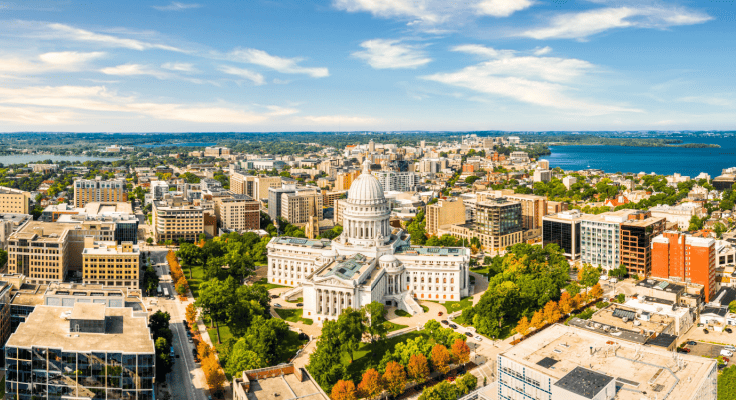 An aerial view of Madison, Wisconsin.