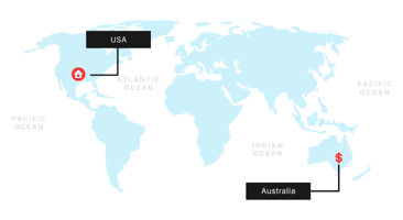 A map with two pin points on the US and Australia. A map with two pin points on the US and Australia.