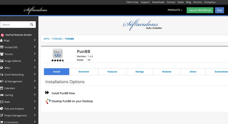 Screenshot of the Softaculous autoinstaller