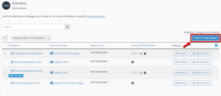 An example of domain management in cPanel.