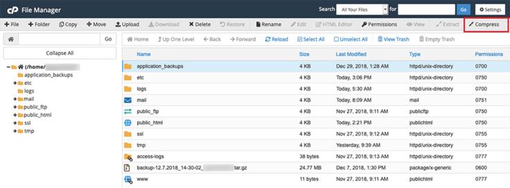 A screenshot of cPanel's File Manager. A screenshot of cPanel's File Manager.