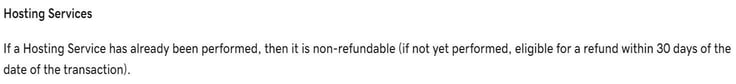 A screenshot of GoDaddy's refund policy. A screenshot of GoDaddy's refund policy.