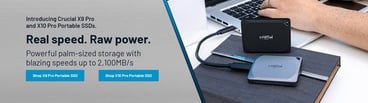 A screenshot of Crucial's landing page, highlighting the XP and X10 Pro Portable SSDs. A screenshot of Crucial's landing page, highlighting the XP and X10 Pro Portable SSDs.