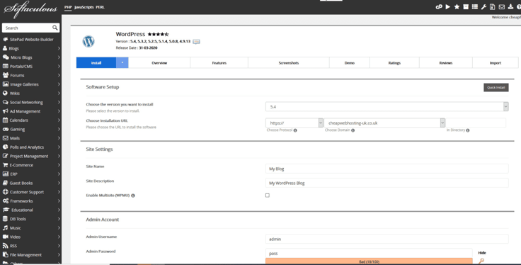 A screenshot of WordPress + Softaculous dashboard.