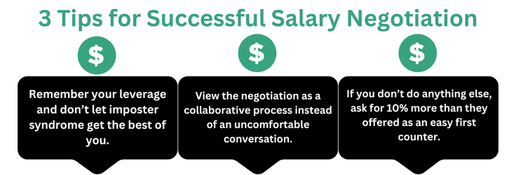 An infographic displaying 3 tips for successful salary negotiation. An infographic displaying 3 tips for successful salary negotiation.