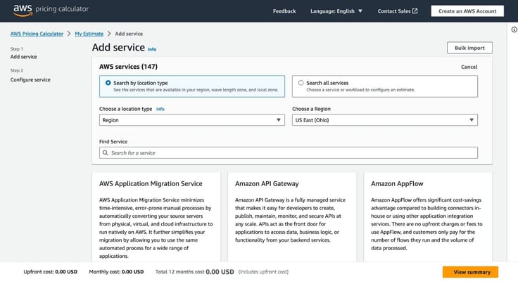 A screenshot of AWS pricing calculator A screenshot of AWS pricing calculator