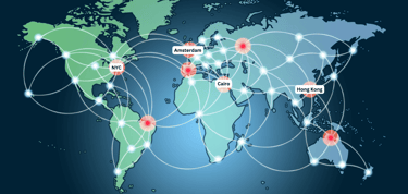 World map with hot points of connections network and servers locations