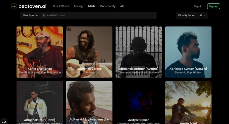 A screenshot of Beatoven.ai's artists webpage A screenshot of Beatoven.ai's artists webpage